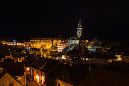City Cesky Krumlov at night with Christmas lights from up view. Rooftops and building, Czech republic famous townの写真素材