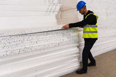 A worker wearing a helmet and safety vest stacks polystyrene panels. Industrial building insulationの写真素材