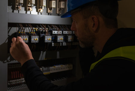 Worker in helmet shine with light and control circuit breaker. Electricity blackout, maintenance backgroundの写真素材