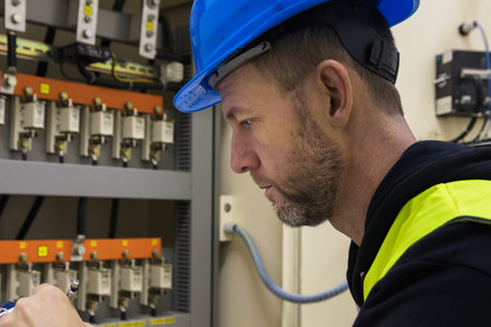 Worker in helmet and warning vest control circuit breaker, writing on paper. Electricity, industry,...