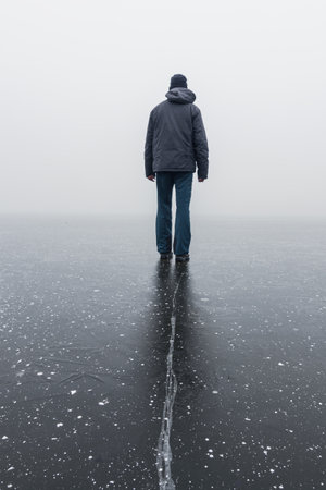 A man standing on a frozen pond with a crack in the fogの写真素材