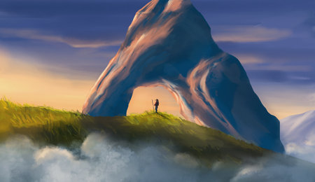 Tourist, man walking on meadow with rock arch and distant hill under sunset sky. Digital painting landscape background illustrationの写真素材