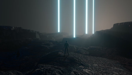 Businessman standing in rock mountain valley with shine neon light tube. Abstract 3D rendering...