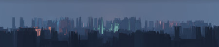 Abstract modern city colorful silhouette with fog. Panoramic buildings backgroundの写真素材