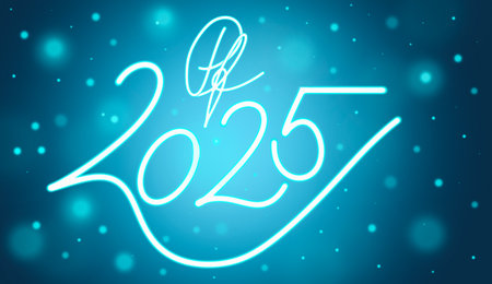 Happy new year, 2025. Handwritten sign on blue bokeh background, simple modern backdrop