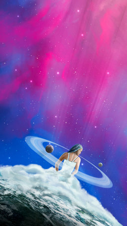 Girl, fairy pull cloud dress from planet with planetary ring, nebula and stars in background. Weather change, fantasy hand painted illustration. Element furnished by NASAの写真素材