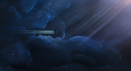 Space background. Spaceship fly through colorful blue nebula with starfield. Digital painting, 3D renderingの写真素材