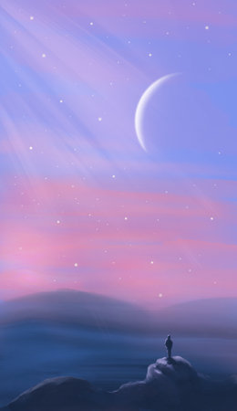 Man silhouette standing on rock with distant hill under starry night sky and moon. Fantasy abstract landscape painting backgroundの写真素材