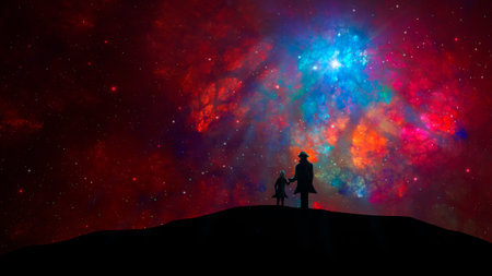 Space background. Man and girl silhouette walking on land with colorful fractal nebula and starfield. Father and daughter parents concept. Digital painting, 3D renderingの写真素材