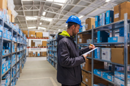 Young Caucasian man in helmet, worker in warehouse checking carton boxes goods. Stock of Parcels...