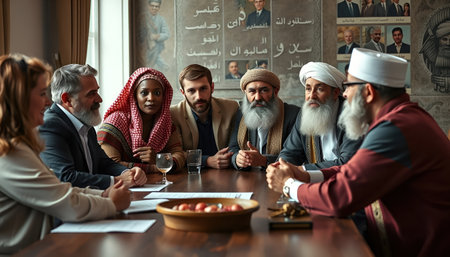 A multi-cultural group of people engage in a professional and inclusive discussion at a meeting table, fostering cultural understanding and global cooperationの素材