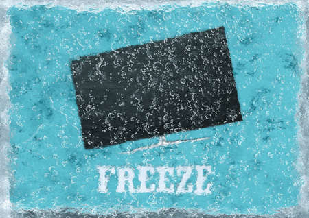 TV frozen in ice cube, on blue background, 3D rendering.の写真素材