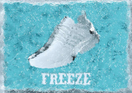Shoe frozen in ice cube, on blue background, 3D rendering.の写真素材