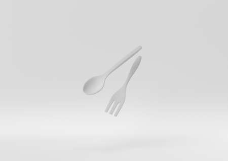 Creative minimal paper idea. Concept white spoon fork with white background. 3d render, 3d illustration.の写真素材