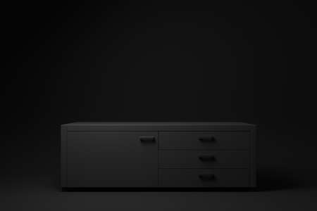 Black sideboard. Shelf tv on black background. minimal concept idea. monochrome. 3d render.の写真素材