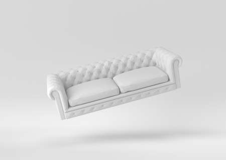 white modern sofa floating on white background. minimal paper concept idea. monochrome. 3d render.の写真素材