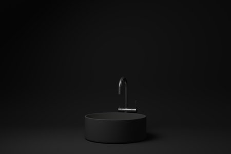 Black bathroom sink on black background. minimal concept idea. monochrome. 3d render.の写真素材