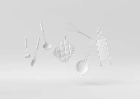 White Cooking utensils floating in white background. minimal concept idea creative. monochrome. 3D render.の写真素材