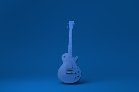 Blue Electric guitar in blue background. minimal concept idea creative. monochrome. 3D render.の写真素材