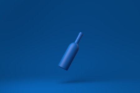 Blue Wine bottle floating in blue background. minimal concept idea creative. monochrome. 3D render.の写真素材