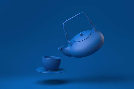 Blue Teapot and cups floating in blue background. minimal concept idea creative. monochrome. 3D render.の写真素材
