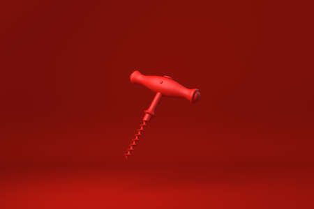 Red Wine corkscrew with wooden handle floating in Red background. minimal concept idea creative. monochrome. 3D render.の写真素材