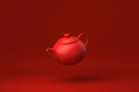 Red Teapot floating in Red background. minimal concept idea creative. monochrome. 3D render.の写真素材