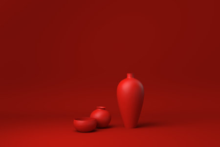 Red Vases floating in Red background. minimal concept idea creative. monochrome. 3D render.の写真素材