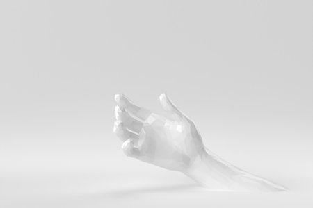 hand holding something like a bottle or smartphone on a white background. Abstract polygonal minimal...