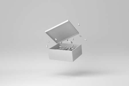 Cardboard open box with foam filler for safe packaging and shipping on white background. minimal concept. monochrome. 3D render.の写真素材