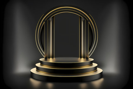 Stage podium scene for Award celebration on black background with lighting, 3D render.の写真素材