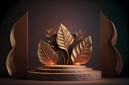 Wooden podium for product presentation or cosmetic product presentation, on brown background 3D render.の写真素材