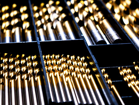 Metal drill bits with coating neatly arranged in a storage box. The image highlights precision tools, industrial equipment, craftsmanship, and organization for professional or DIYの写真素材