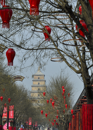 Red lanterns hanging along a streetのeditorial素材