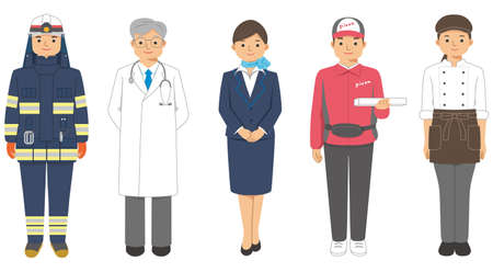 Illustrations of firefighters, doctors, flight attendants, pizza delivery workers and patissiers.のイラスト素材