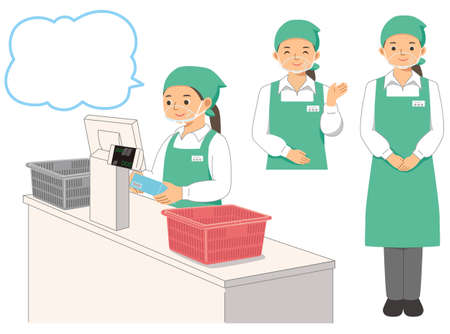 female supermarket staff wearing  mouth shield.のイラスト素材
