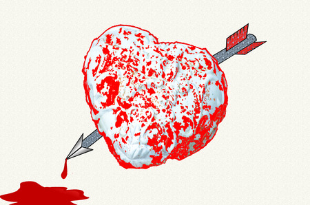 Red and white heart with an arrow pierced with a pool of blood on light textured background の写真素材