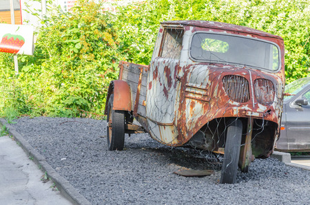 WÃ¼lfrath, Nrw, GERMANY - JUNE 06, 2014  For advertising purposes Age truck parked on the street, vintage trucks, platform trucks, tricycle vintage cars from the 50のeditorial素材
