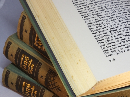 Holy House, Nrw, Germany - February 12, 2014: Photo of a pile of old books of the famous writer Hermann Lons. Here see the works of 1 to 5 from a total of eight volumes. Hermann Lons was a German writer and journalist. Become Known as a regional writer. Hのeditorial素材