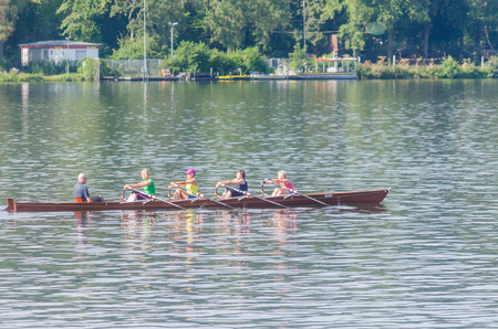 Essen, Germany - July 31, 2014: Rowing Training of canoeists in Essen Werden on the reservoir...