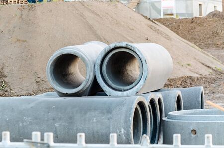 Wastewater, sewage pipes made of concrete at a construction site.の写真素材
