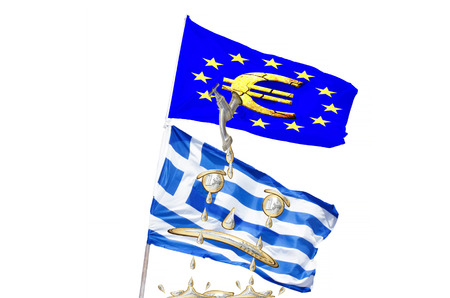 Concept, Greek, European financial crisis. Flag Greece, Euro coins and money tap is turned offの写真素材