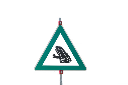 Sign KrÃ¶tenwanderung, danger crossing frogs by a road. Background isolated.の写真素材
