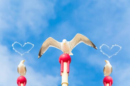 Three large seagull sitting on a wooden post. A seagull flaps its wings. Above the two other gulls hovering a cloud in heart shape.の写真素材