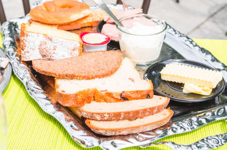 Typical Bergische coffee break with egg, sausage and cheese jam