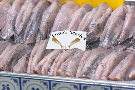 Fresh Matjes fish on ice cooled to the fish market.