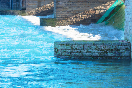 Flooded ship lock during heavy rain in Essen Kettwig in Germany.の写真素材