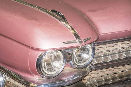 HOLDERS, NRW, GERMANY - FEBRUARY 1, 2016: Detail US Car of the 50s, headlight of a classic car at on exhibition.のeditorial素材