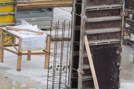 Foundation building of steel and concrete for the construction of an apartment building with...