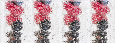 Berry fruits raspberries and blackberries in a row in a glass of mineral water.の写真素材